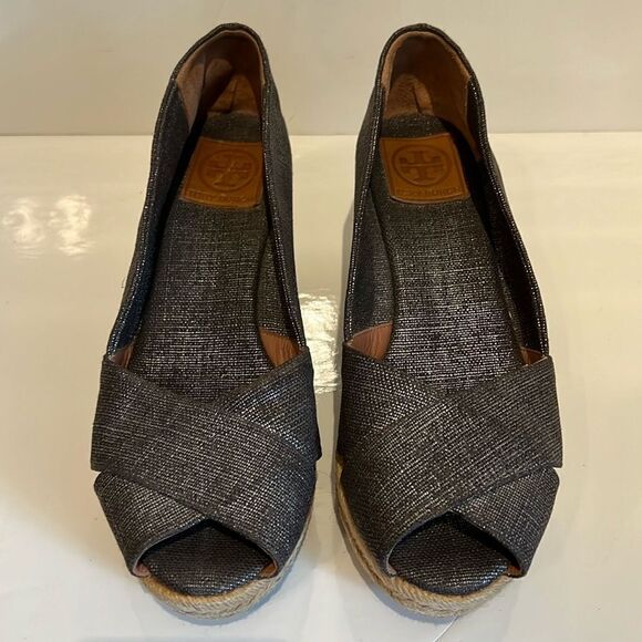 Tory Burch Filipa Wedge Espadrille Metallic Grey Shoes Size 10.5 - Picture 4 of 11
